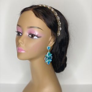 Blue alloy diamond glass fashion retro flower earrings